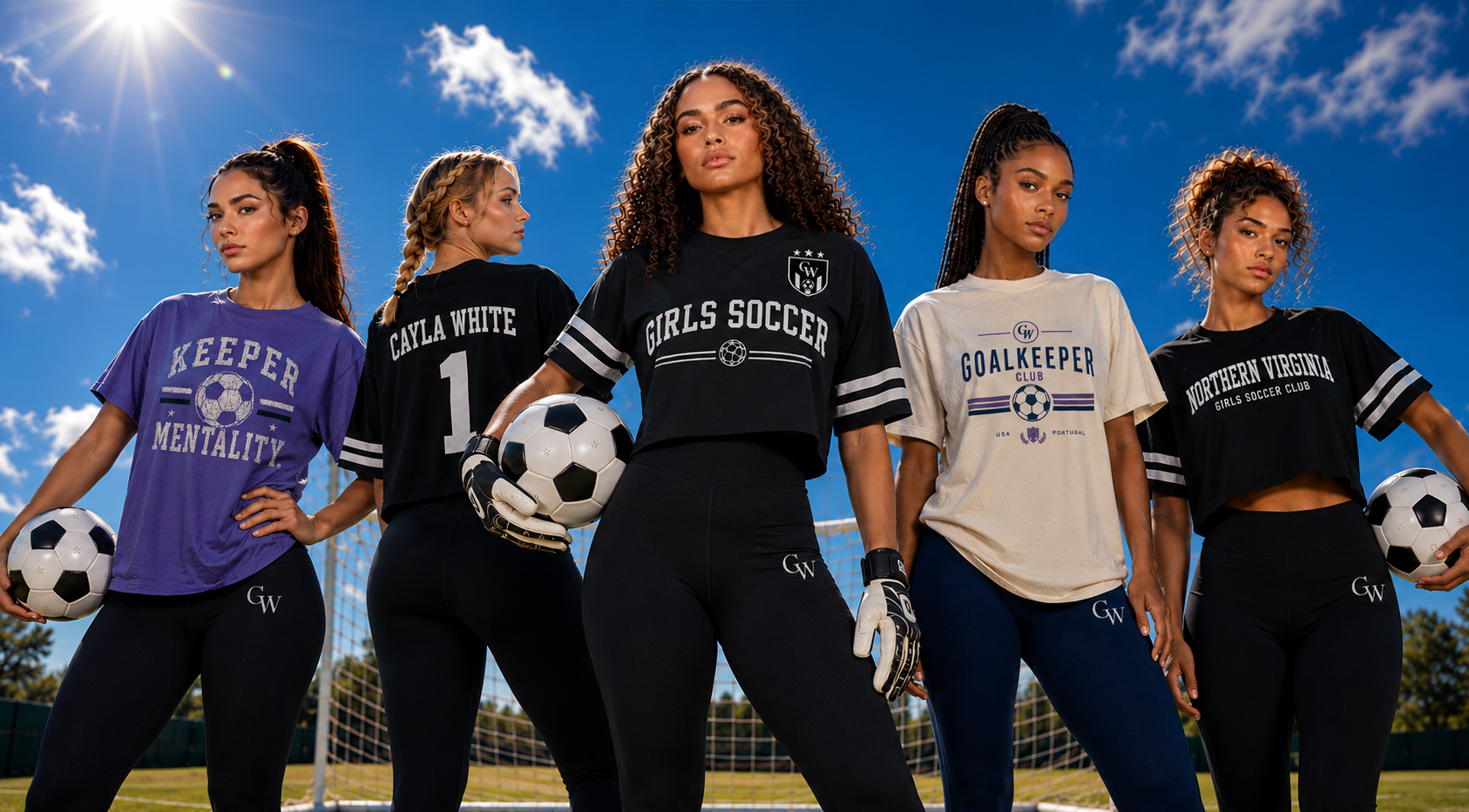 Cayla White and models wearing the full CW Collection lineup on a soccer field